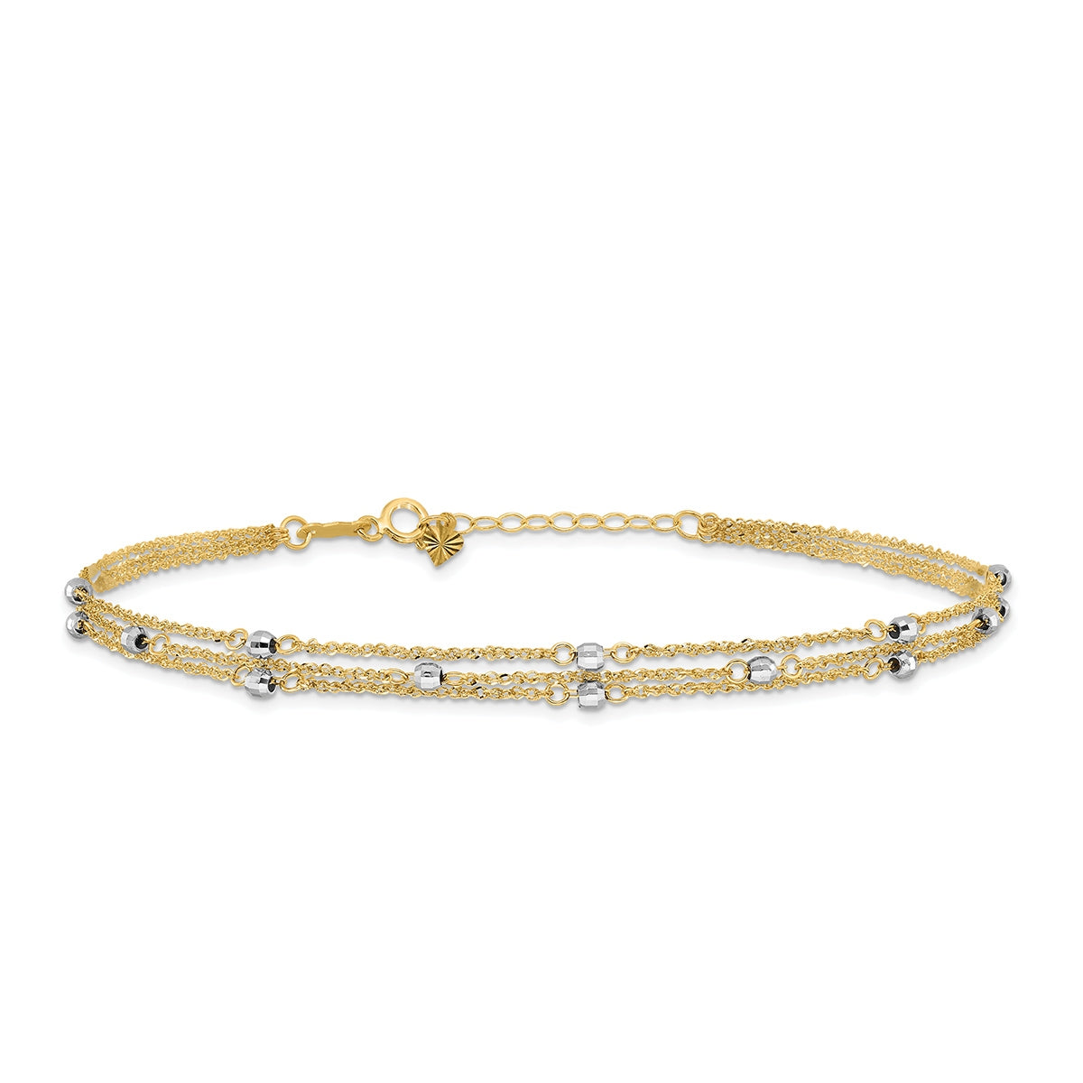 9-inch Adjustable Mirror Bead Triple Strand Ankle Bracelet in 14K Yellow Gold