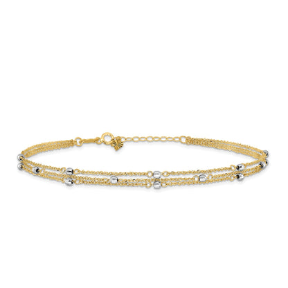 9-inch Adjustable Mirror Bead Triple Strand Ankle Bracelet in 14K Yellow Gold