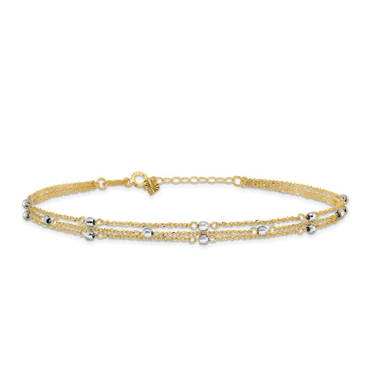 9-inch Adjustable Mirror Bead Triple Strand Ankle Bracelet in 14K Yellow Gold
