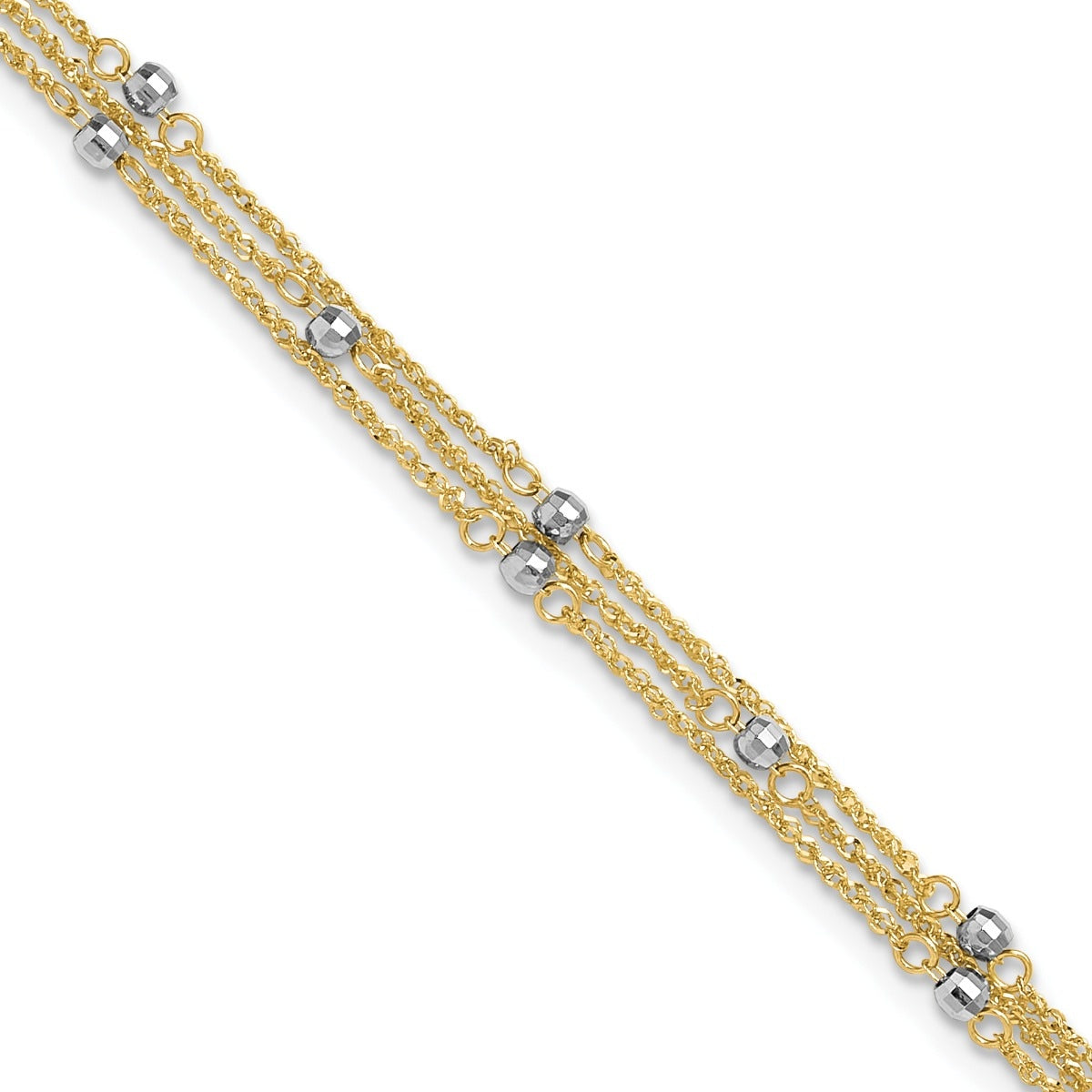 9-inch Adjustable Mirror Bead Triple Strand Ankle Bracelet in 14K Yellow Gold front view
