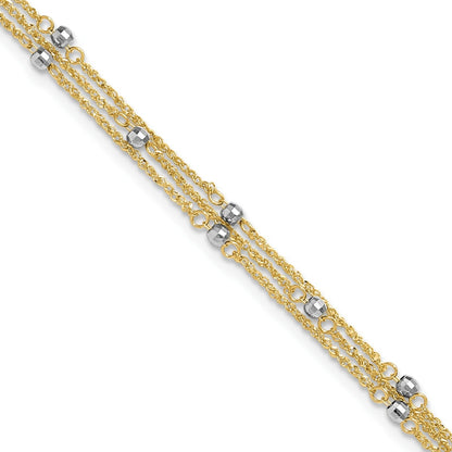 9-inch Adjustable Mirror Bead Triple Strand Ankle Bracelet in 14K Yellow Gold front view