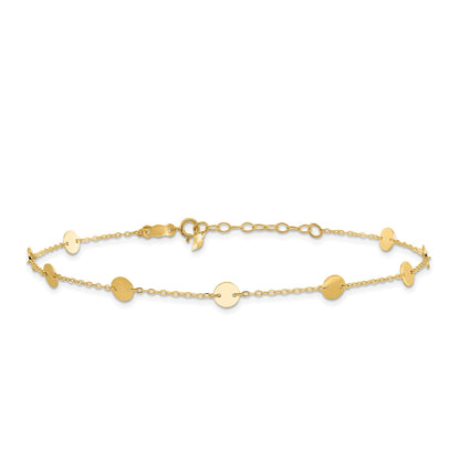 9-inch Adjustable Polished Disc Station Ankle Bracelet in 14K Yellow Gold
