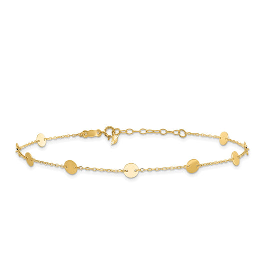 9-inch Adjustable Polished Disc Station Ankle Bracelet in 14K Yellow Gold