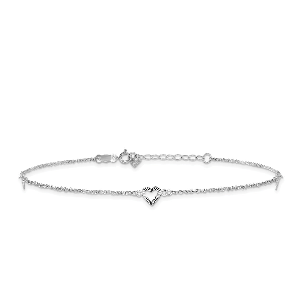 9-inch Adjustable Diamond Cut Open Heart Station Ankle Bracelet in 14K White Gold