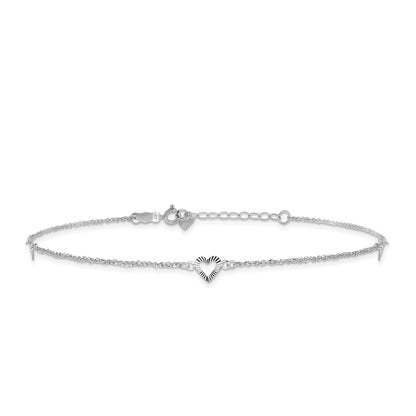 9-inch Adjustable Diamond Cut Open Heart Station Ankle Bracelet in 14K White Gold
