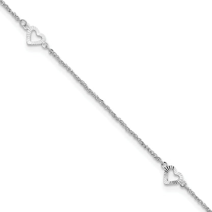 9-inch Adjustable Diamond Cut Open Heart Station Ankle Bracelet in 14K White Gold front view