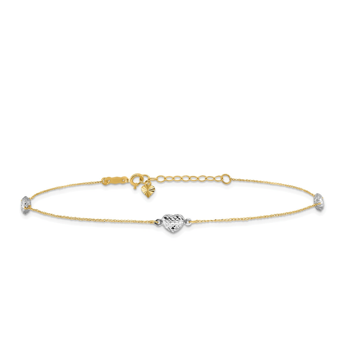 9-inch Adjustable Puffed Diamond Cut Heart Ankle Bracelet in 14K Yellow & White Gold