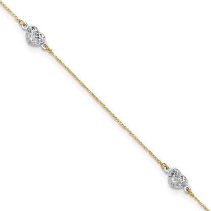9-inch Adjustable Puffed Diamond Cut Heart Ankle Bracelet in 14K Yellow & White Gold front view