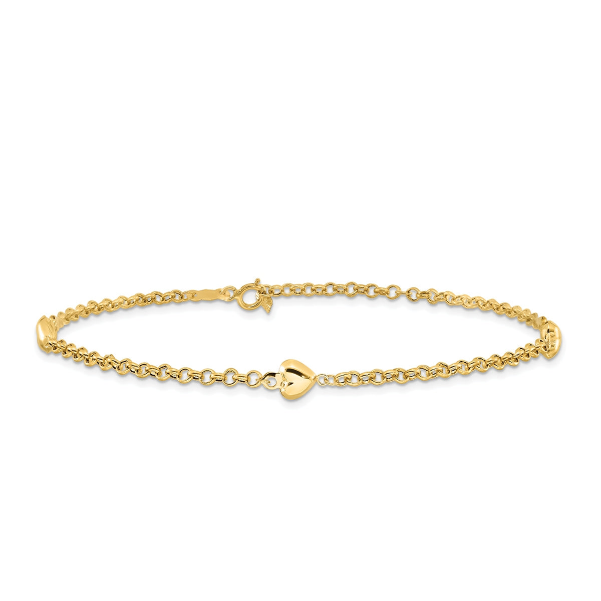 10-inch Puffed Heart Station Ankle Bracelet in 14K Yellow Gold