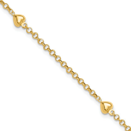 10-inch Puffed Heart Station Ankle Bracelet in 14K Yellow Gold front view