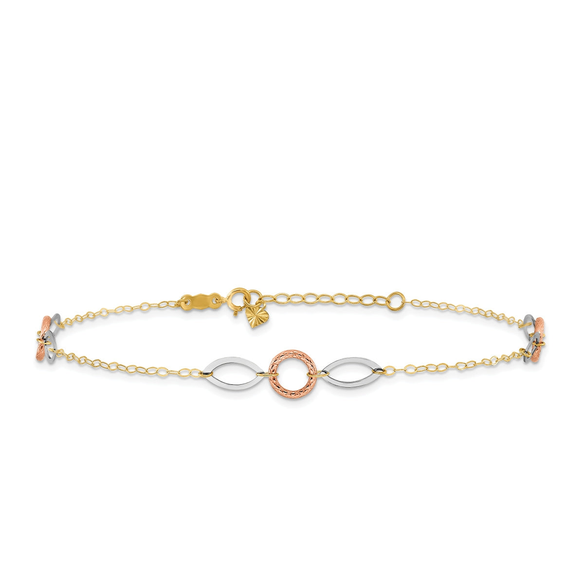 9-inch Circle & Marquise Link Ankle Bracelet in Tri-Tone Gold