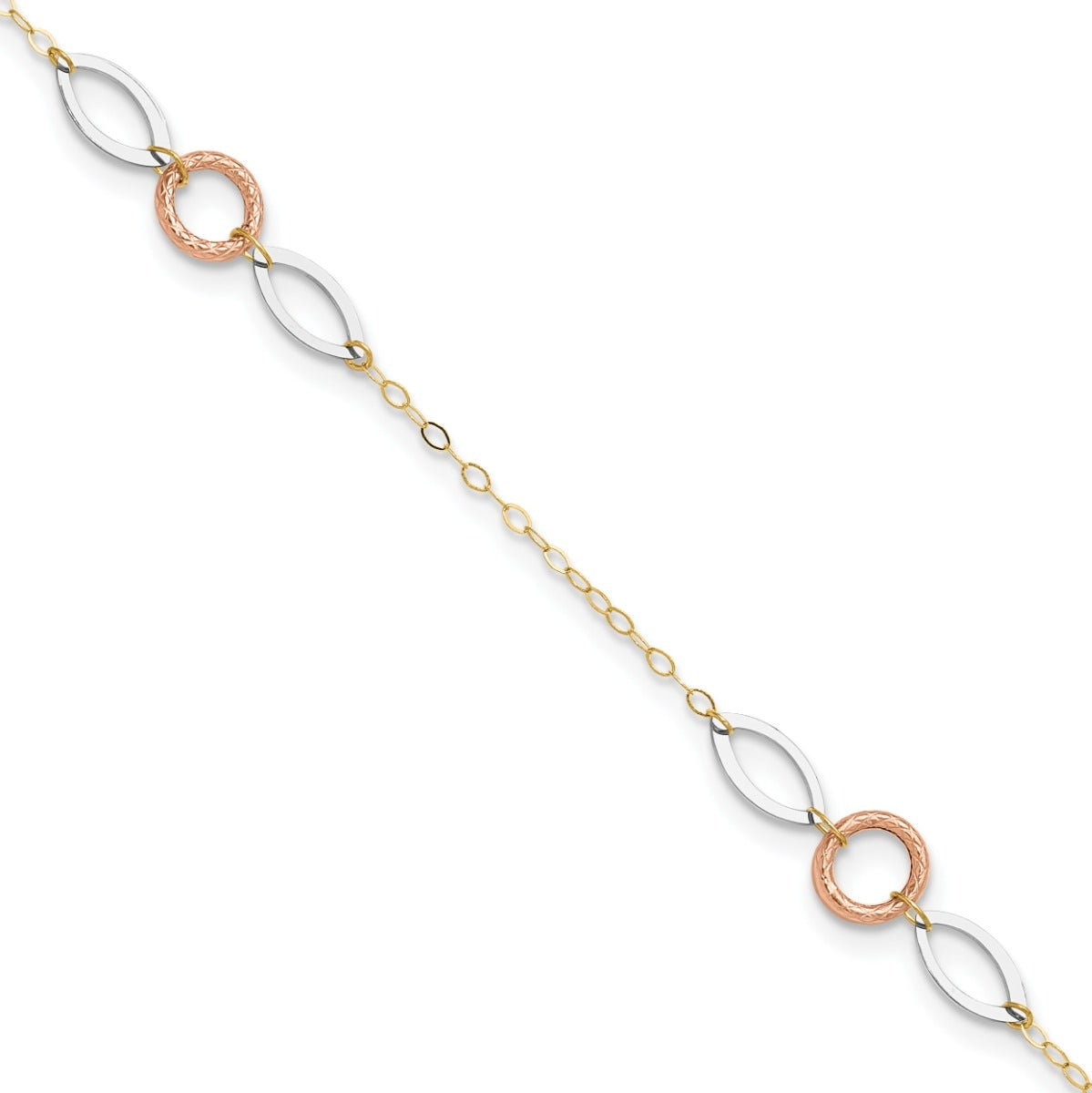 9-inch Circle & Marquise Link Ankle Bracelet in Tri-Tone Gold front view
