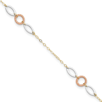 9-inch Circle & Marquise Link Ankle Bracelet in Tri-Tone Gold front view