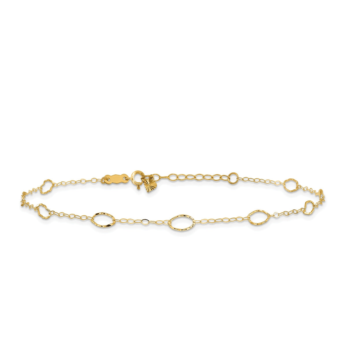9-inch Adjustable Diamond Cut Oval Link Ankle Bracelet in 14K Yellow Gold
