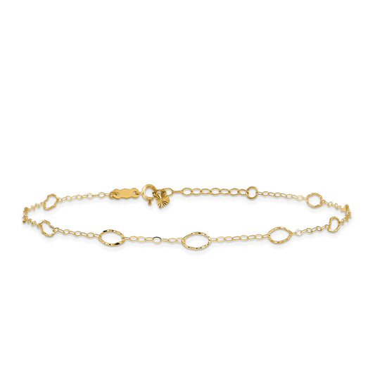 9-inch Adjustable Diamond Cut Oval Link Ankle Bracelet in 14K Yellow Gold