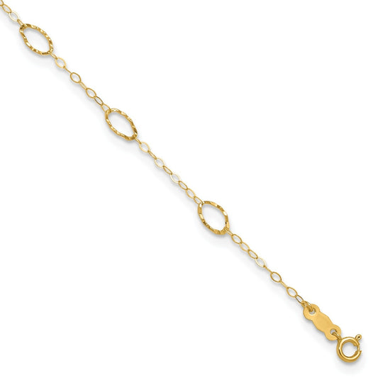 9-inch Adjustable Diamond Cut Oval Link Ankle Bracelet in 14K Yellow Gold front view