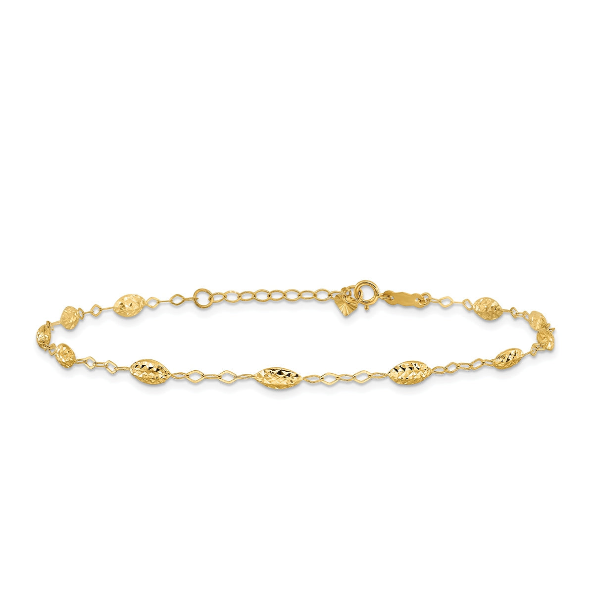 9-inch Adjustable Oval Bead Ankle Bracelet in 14K Yellow Gold