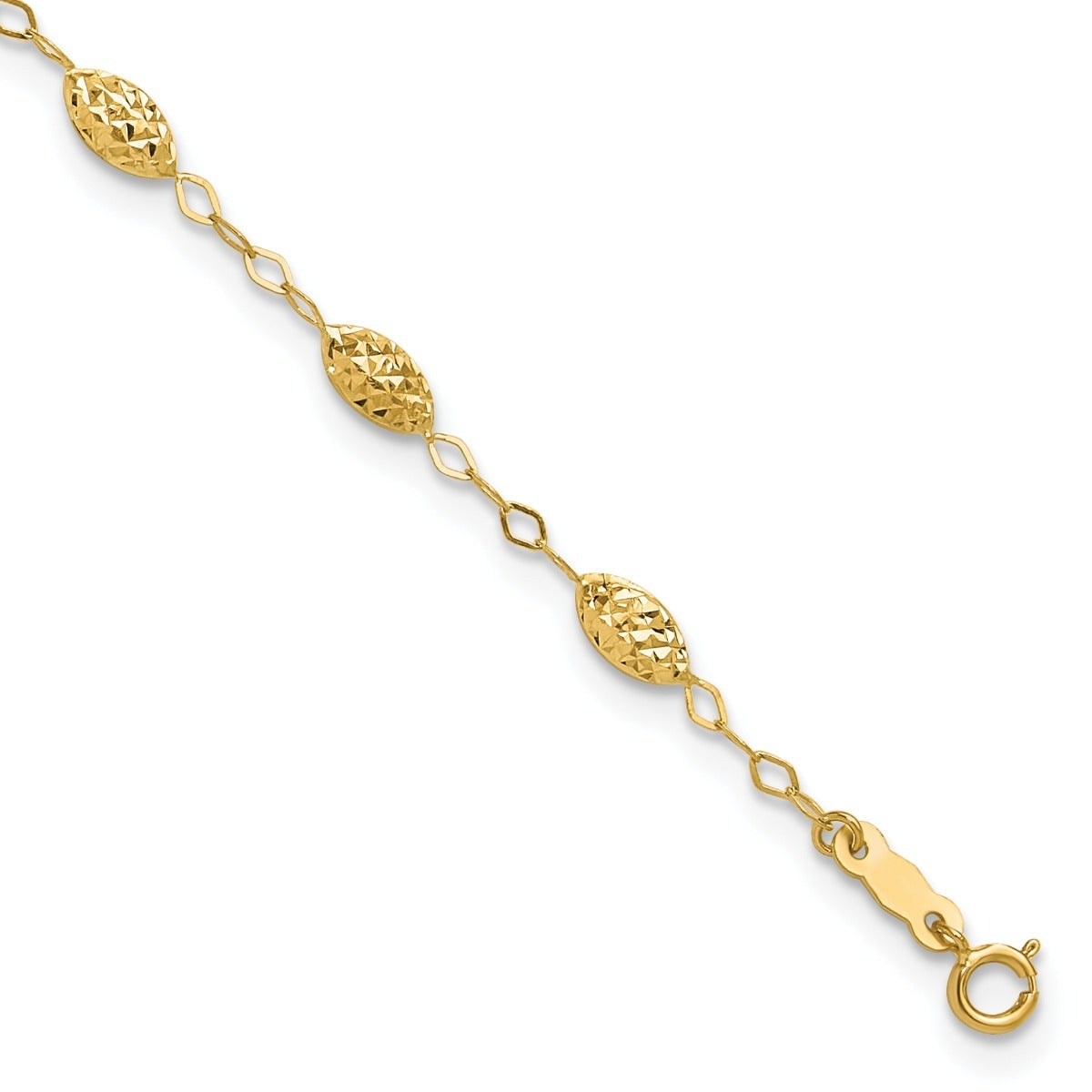 9-inch Adjustable Oval Bead Ankle Bracelet in 14K Yellow Gold front view