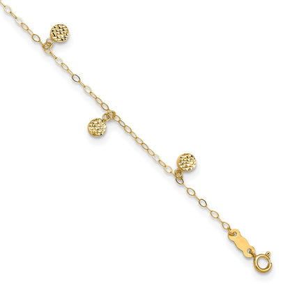9-inch Diamond Cut Disc Charm Ankle Bracelet in 14K Yellow Gold front view