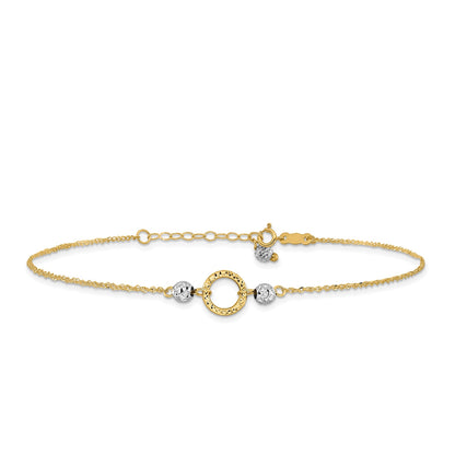 9-inch Adjustable Diamond Cut Circle & Beads Ankle Bracelet in 14K Yellow & White Gold