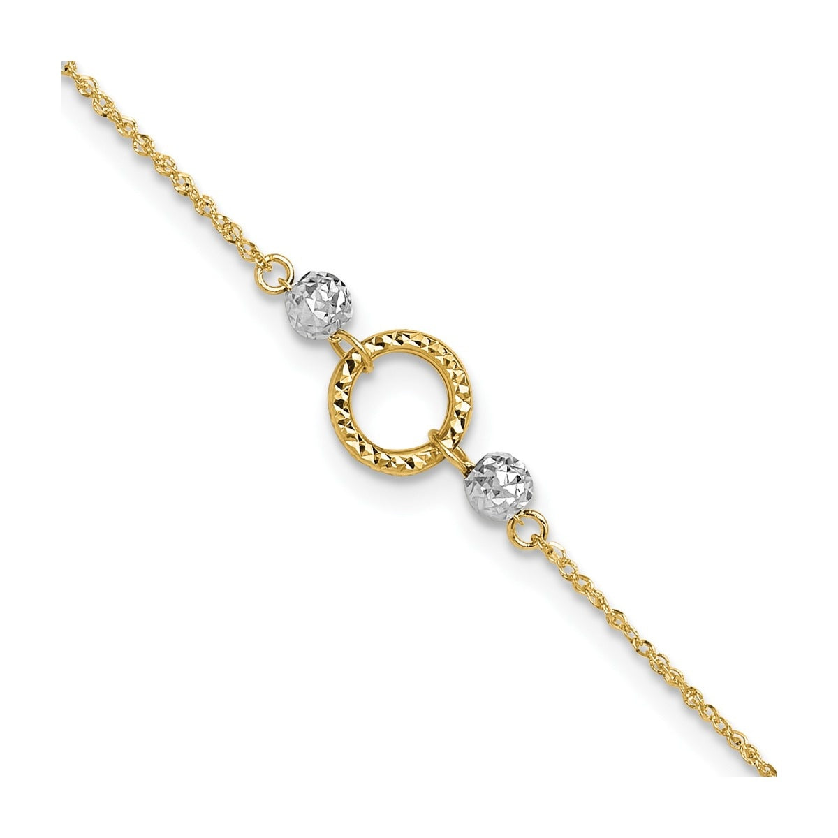 9-inch Adjustable Diamond Cut Circle & Beads Ankle Bracelet in 14K Yellow & White Gold front view