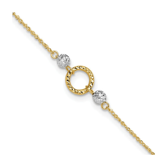 9-inch Adjustable Diamond Cut Circle & Beads Ankle Bracelet in 14K Yellow & White Gold front view
