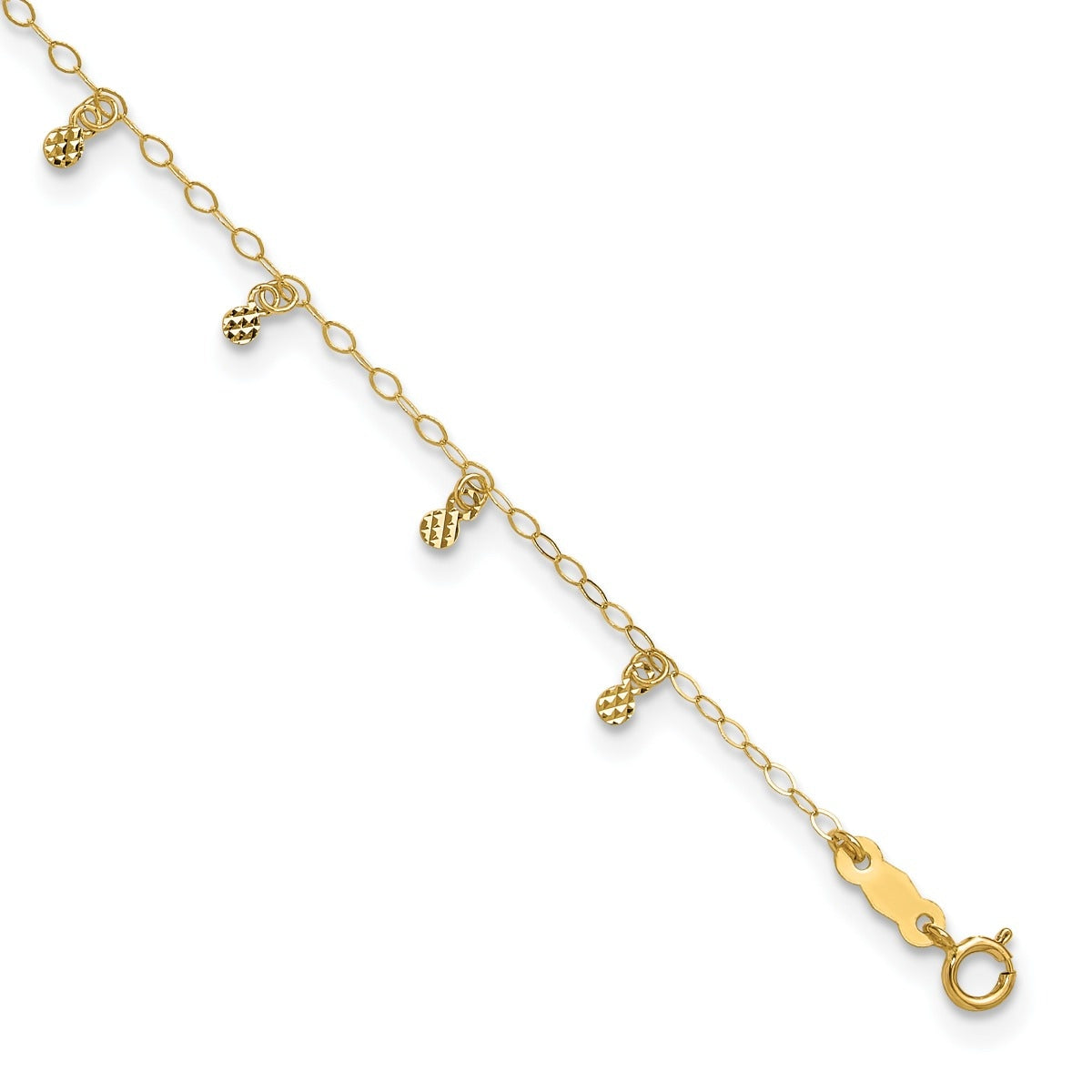9-inch Adjustable Diamond Cut Dot Charm Ankle Bracelet in 14K Yellow Gold front view