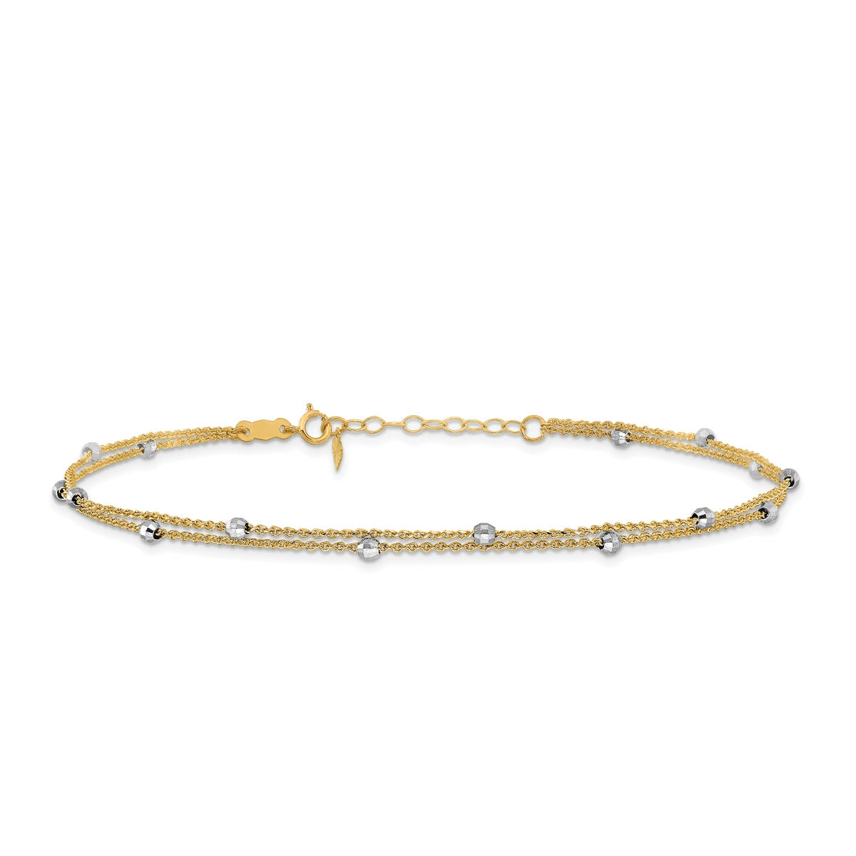 9-inch Adjustable Mirror Bead Double Strand Ankle Bracelet in 14K Yellow & White Gold