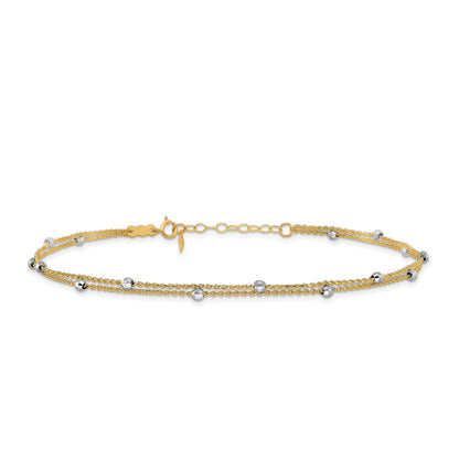 9-inch Adjustable Mirror Bead Double Strand Ankle Bracelet in 14K Yellow & White Gold