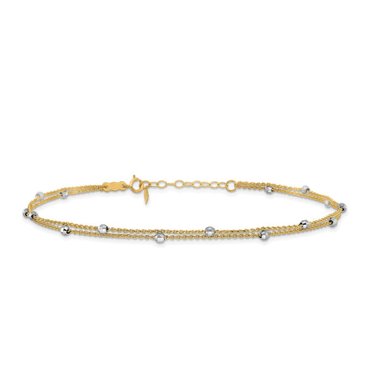 9-inch Adjustable Mirror Bead Double Strand Ankle Bracelet in 14K Yellow & White Gold