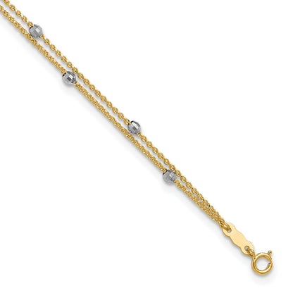 9-inch Adjustable Mirror Bead Double Strand Ankle Bracelet in 14K Yellow & White Gold front view
