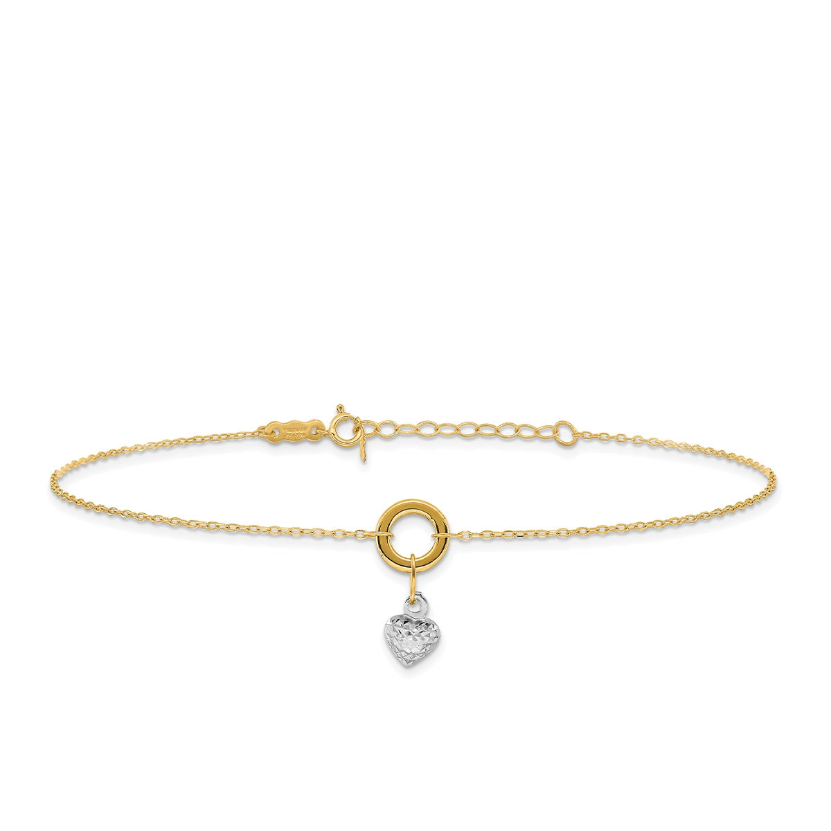 9-inch Adjustable Circle & Diamond Cut Puffed Heart Charm Ankle Bracelet in 14K Yellow & White Gold