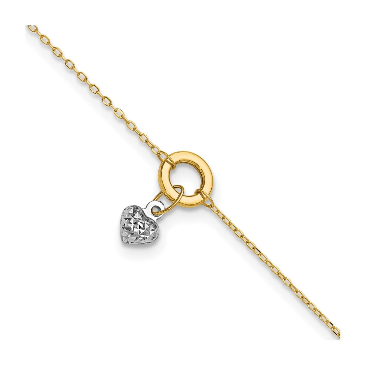 9-inch Adjustable Circle & Diamond Cut Puffed Heart Charm Ankle Bracelet in 14K Yellow & White Gold front view