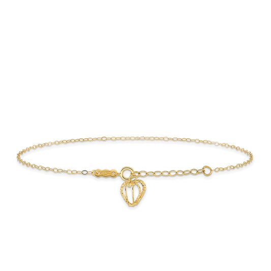 9-inch Adjustable Diamond Cut Heart Cage Ankle Bracelet in 14K Yellow Gold