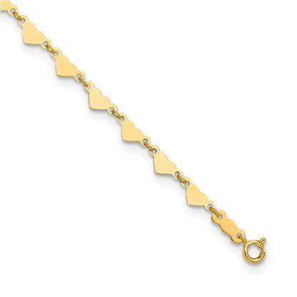 9-inch Adjustable Heart & Oval Link Ankle Bracelet in 14K Yellow Gold front view
