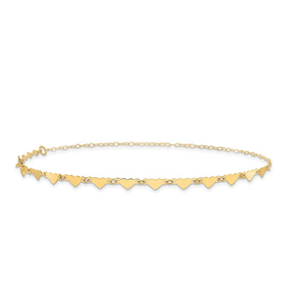 9-inch Adjustable Heart & Oval Link Ankle Bracelet in 14K Yellow Gold