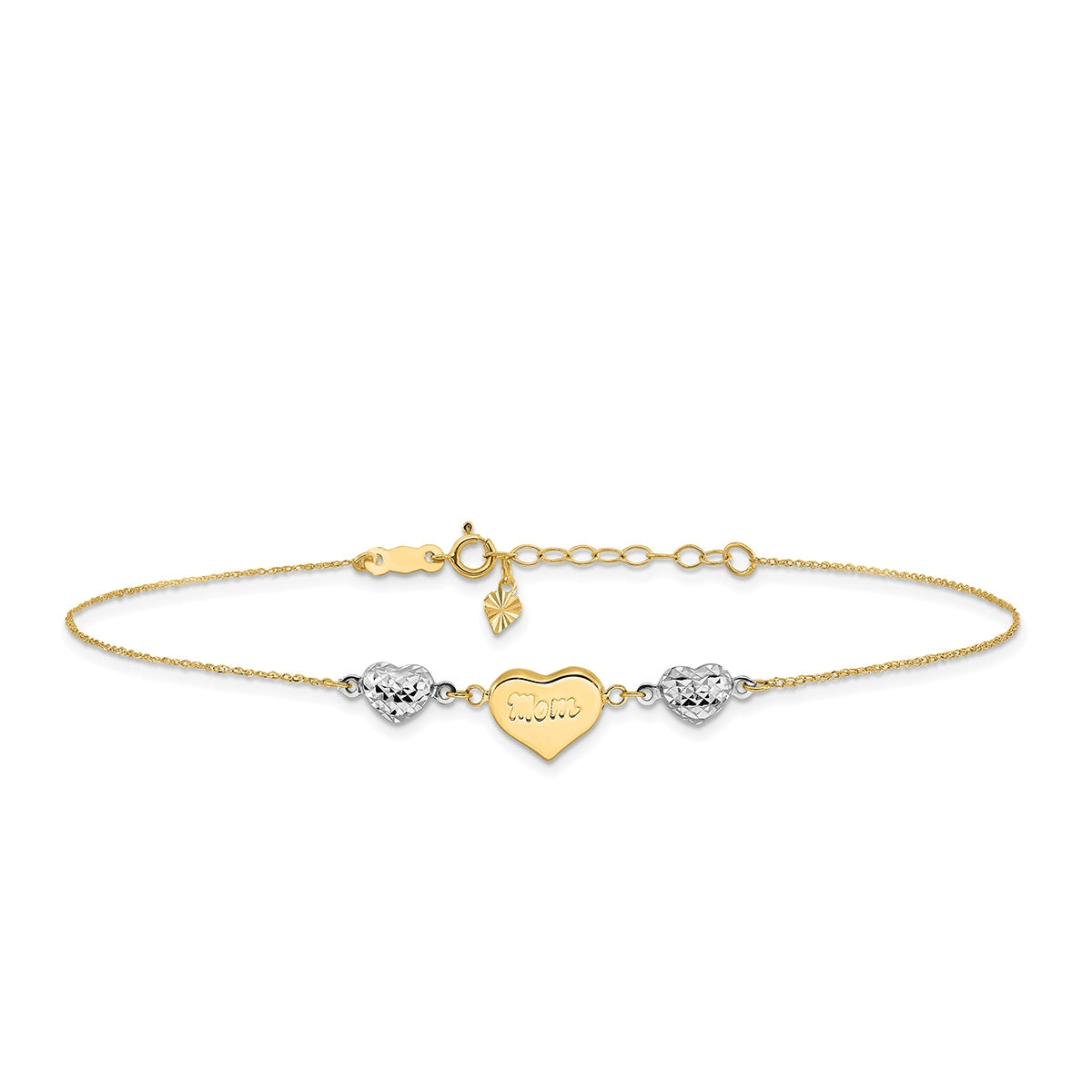 9-inch Adjustable Mom & Diamond Cut Puffed Heart Ankle Bracelet in 14K Yellow & White Gold