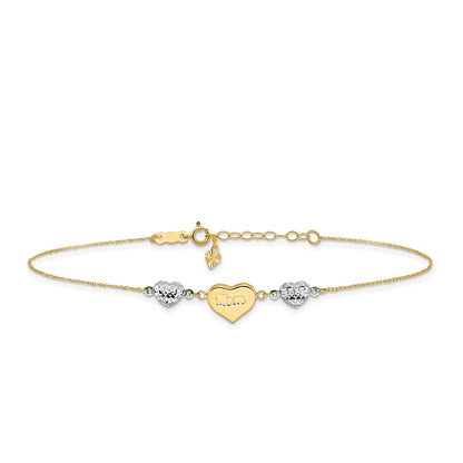 9-inch Adjustable Mom & Diamond Cut Puffed Heart Ankle Bracelet in 14K Yellow & White Gold