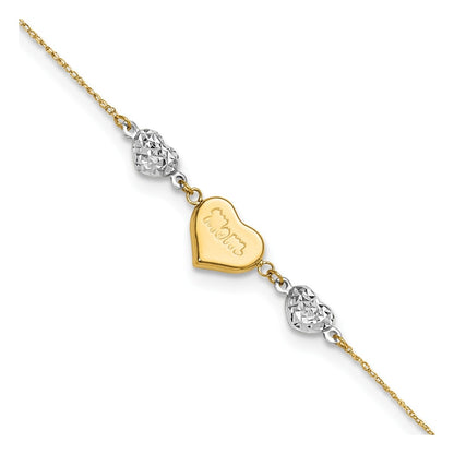 9-inch Adjustable Mom & Diamond Cut Puffed Heart Ankle Bracelet in 14K Yellow & White Gold front view