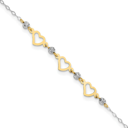 9-inch Adjustable Open Heart & Diamond Cut Bead Ankle Bracelet in 14K Yellow & White Gold front view
