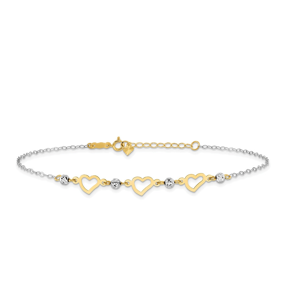 9-inch Adjustable Open Heart & Diamond Cut Bead Ankle Bracelet in 14K Yellow & White Gold