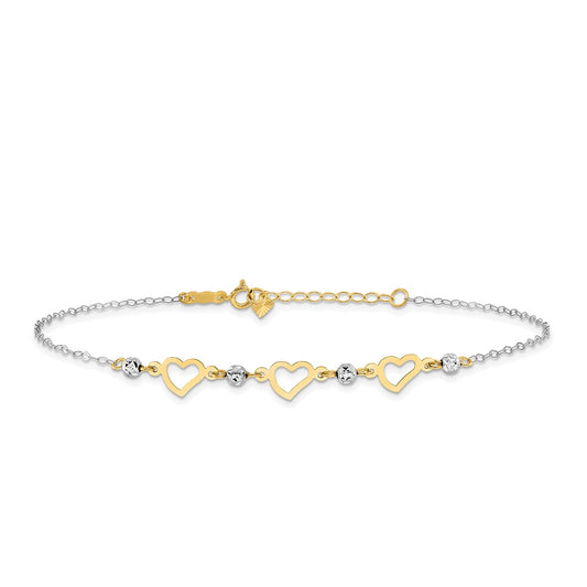 9-inch Adjustable Open Heart & Diamond Cut Bead Ankle Bracelet in 14K Yellow & White Gold
