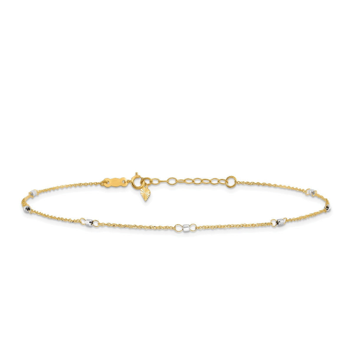 9-inch Adjustable Small Mirror Bead Station Ankle Bracelet in 14K Yellow & White Gold