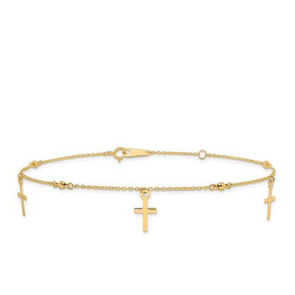 9-inch Adjustable Cross Charm Ankle Bracelet in 14K Yellow Gold