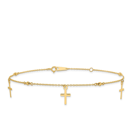 9-inch Adjustable Cross Charm Ankle Bracelet in 14K Yellow Gold