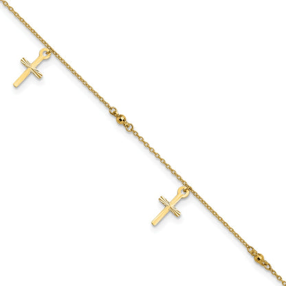 9-inch Adjustable Cross Charm Ankle Bracelet in 14K Yellow Gold front view