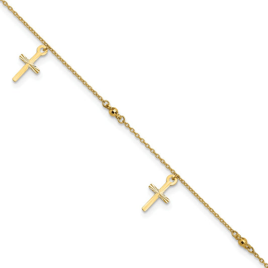 9-inch Adjustable Cross Charm Ankle Bracelet in 14K Yellow Gold front view
