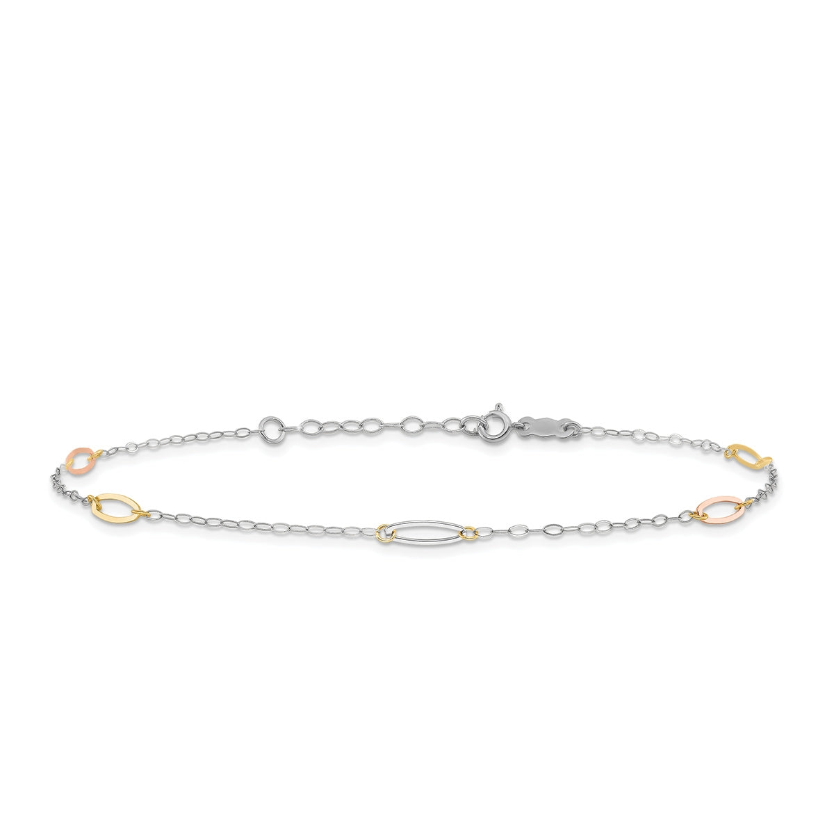 9-inch Adjustable Oval Link Ankle Bracelet in 14K Tri-Tone Gold
