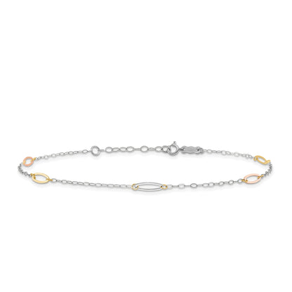 9-inch Adjustable Oval Link Ankle Bracelet in 14K Tri-Tone Gold
