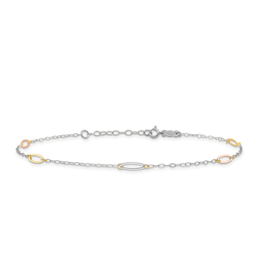 9-inch Adjustable Oval Link Ankle Bracelet in 14K Tri-Tone Gold